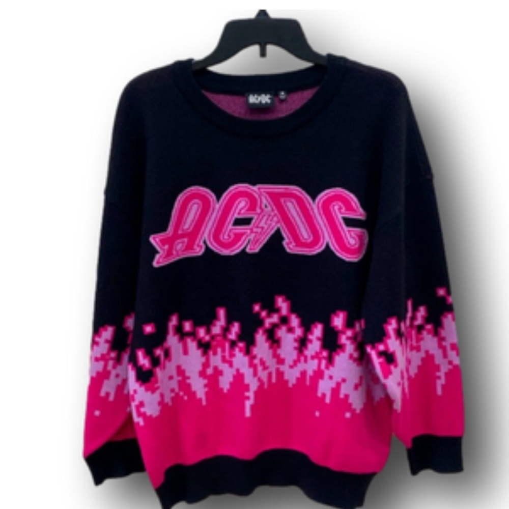 AC/DC Women's Sweater in Black and Pink Flames Size Medium